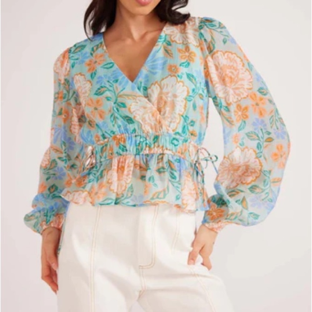 MINKPINK V-Neck Floral Sheer Top Blue Medium